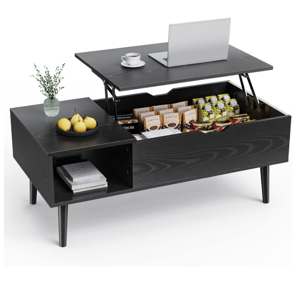 NEWBULIG Lift Top Coffee Storage Wood Tables with Hidden Compartment, Small Dining Desk for Home Living Room Office, Black