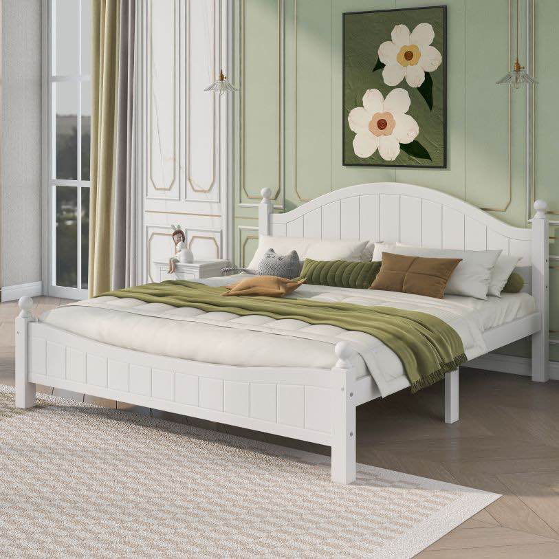 Bed Best | Traditional Concise Style White Solid Wood Platform Bed, King (incomplete box 2/2) 