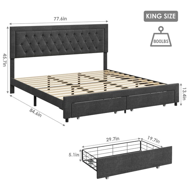 Homfa King 2 Drawer Bed Frame, Linen Upholstered Platform Bed with Adjustable Button Tufted Headboard, Dark Gray