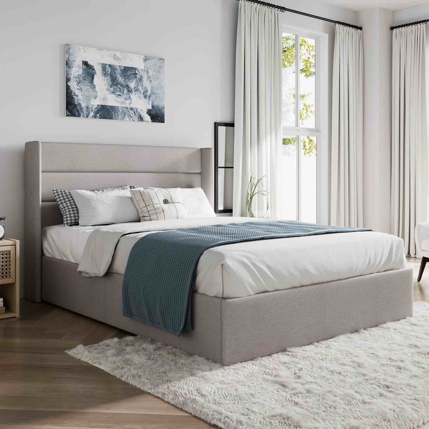Lift Up Storage Bed Full / Wingback Headboard / Upholstered Platform Bed Frame / No Box Spring Needed /