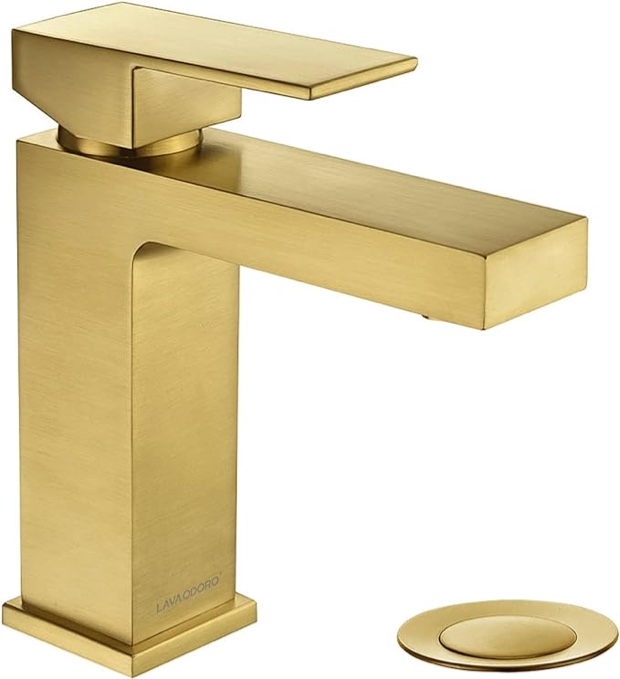 Brushed Gold Bathroom Faucet Single Hole, Lava Odoro Modern Brushed Brass Bathroom Sink Faucet Single Handle Vanity Faucet with Drain Assembly, Deck Plate Included, BF307-SG