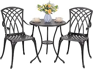 Nuu Garden Patio Bistro Sets 3 Piece Cast Aluminum Bistro Table and Chairs Set with Umbrella Hole Bistro Set of 2 for Patio Backyard, Black with Golden Powder 