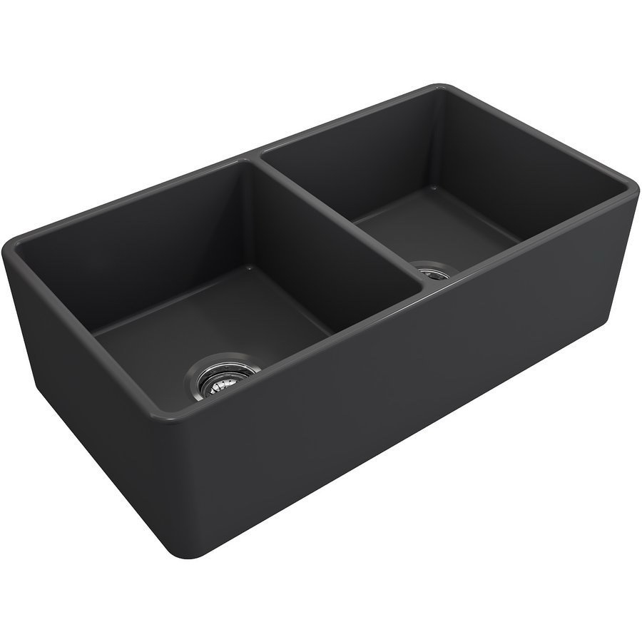 33 Inch Classico Farmhouse Apron Fireclay Double Bowl Kitchen Sink with Bottom Grid and Strainer, Black 