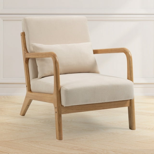 Accent Chairs, Single Linen Lounge Reading Armchair with Solid Wood Frame, Mid Century Modern Easy Assembly Arm Chairs for Living Room-Beige color
