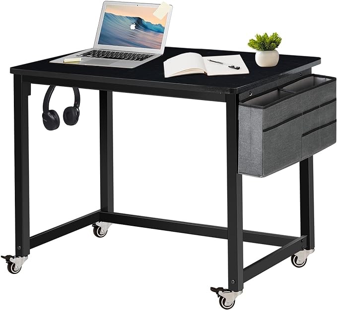 AHB Computer desk with 4 smooth wheels, simple style mobile desk, study table for home office, mobile workstation with metal frame (black, 32 inches)