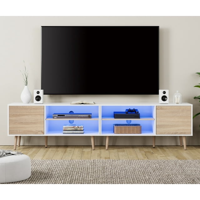 WAMPAT LED Mid Century Modern TV Stand for up to 85 inch 2 in 1 Entertainment Center TV Console with Storage Cabinets Media Console for Living Room,Bedroom,Blue Light,White (INCOMPLETE SET, MISSING BOX)