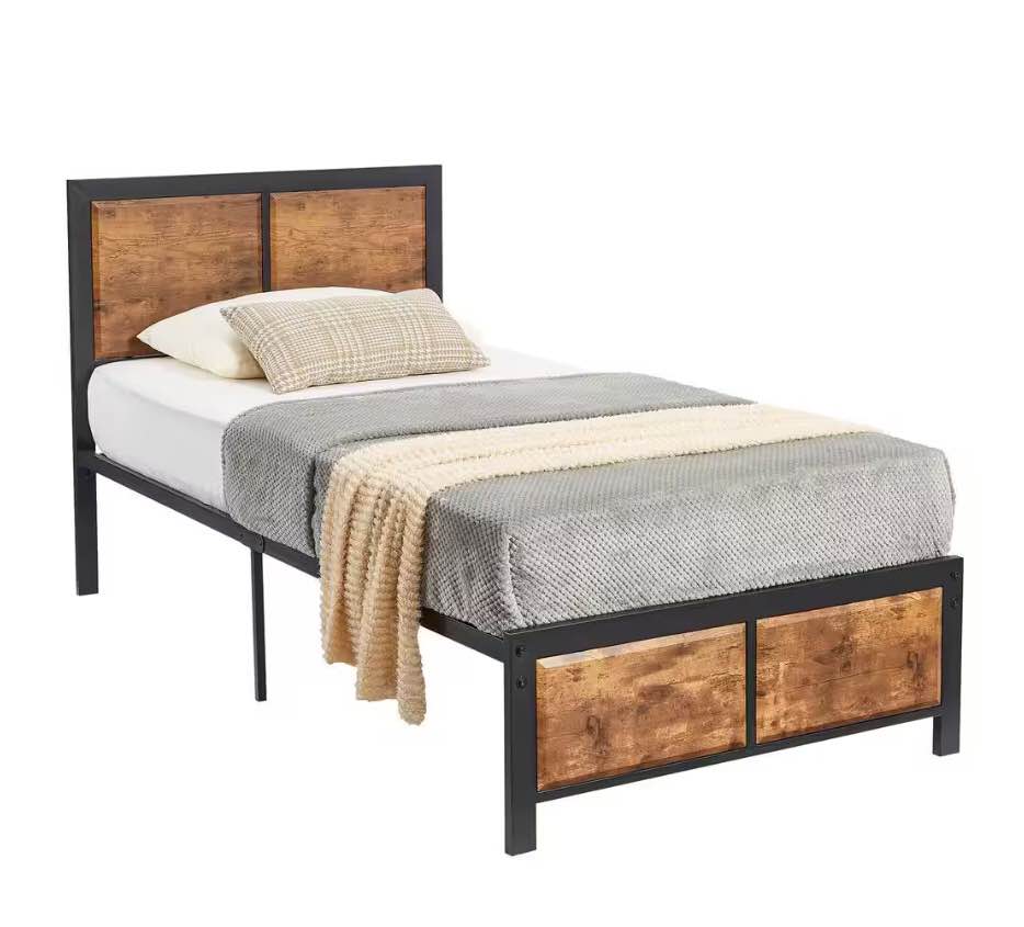VECELO Twin Size Platform Metal Bed Frame with Wooden Headboard and Footboard, Rustic Country Style Bed Frame, 40.9"W, Brown (INCOMPLETE SET, MISSING BOX)