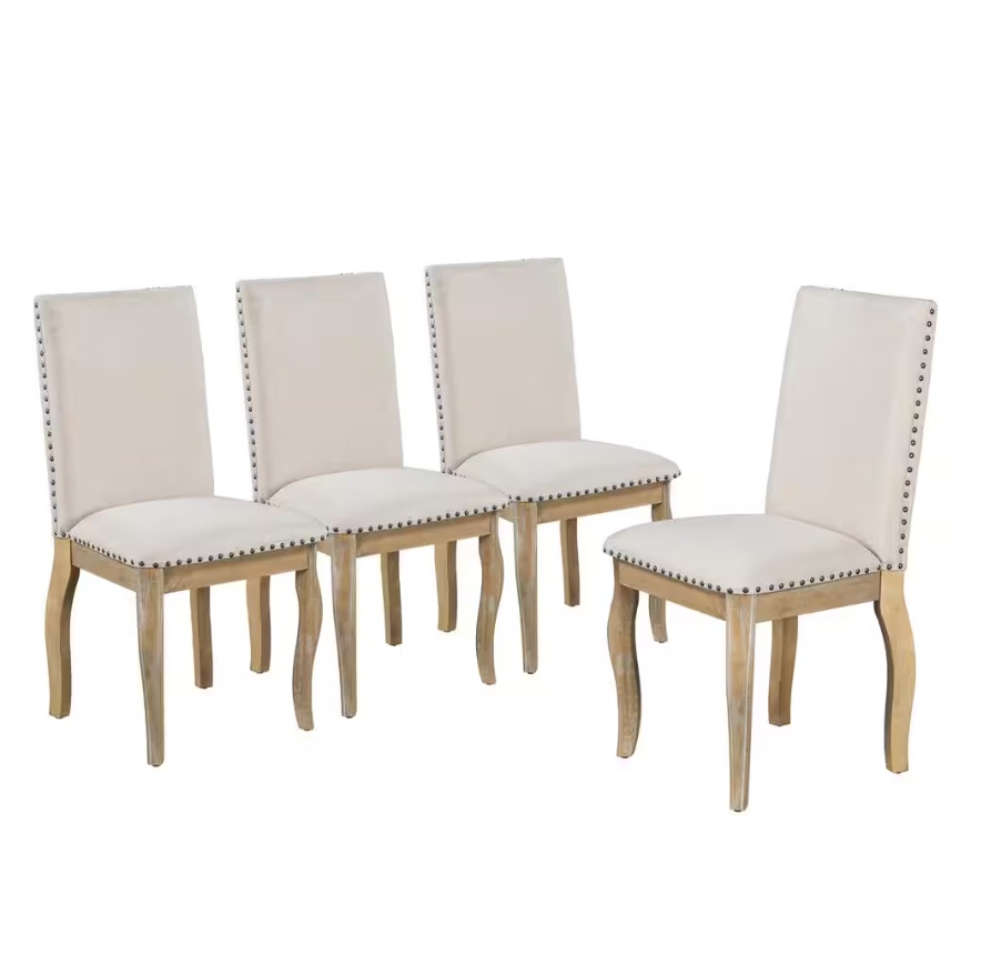 Natural Wood Wash Wood Upholstered Fabirc Dining Room Side Chairs with Nailhead (Set of 4)