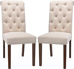 COLAMY Tufted Dining Room Chairs Accent Parsons Diner Chairs Upholstered Fabric Side Stylish Kitchen Chairs with Solid Wood Legs and Padded Seat - Beige
