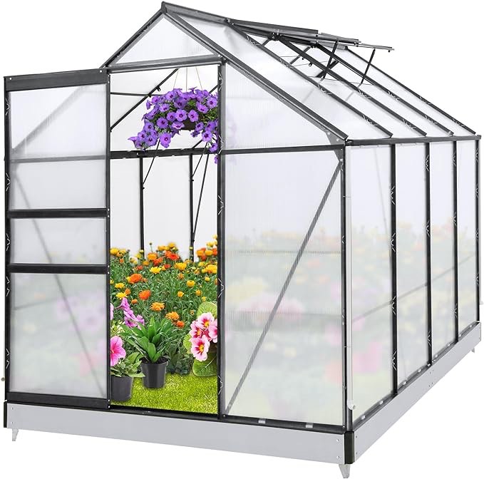 EAGLE PEAK 6x8x7 Outdoor Walk-in Hobby Greenhouse with Adjustable Roof Vent and Rain Gutter, Base and Anchor, Polycarbonate Aluminum Green House for Backyard Garden, Gray (INCOMPLETE SET, MISSING BOX)