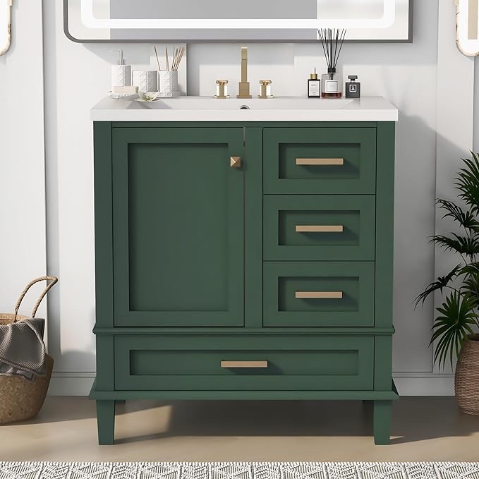 Modern Bathroom Storage Cabinet with a Soft Closing Door and 3 Drawers, 30'' Bathroom Vanity with Sink Combo Set, Single Sink Bathroom Vanity with Solid Wood Frame and Ceramic Sink (INCOMPLETE SET, MISSING SINK TOP)