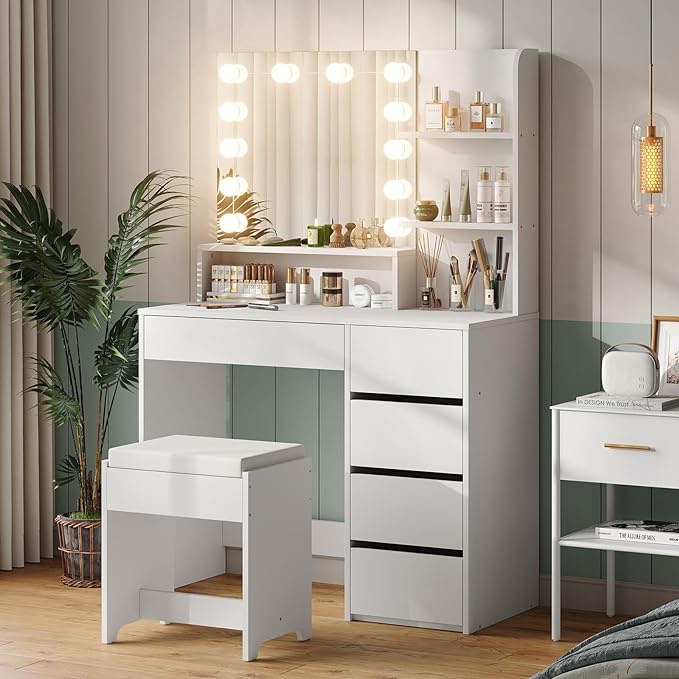 Furniouse 37" W Vanity Desk, Vanity Mirror with Lights and Table Set with 5 Drawers, Vanity Set 3 Lighting Modes Brightness Adjustable for Bedroom Studio (STOCK PHOTO SIMILAR BUT NOT EXACT)(INCOMPLETE SET, MISSING BOXES)