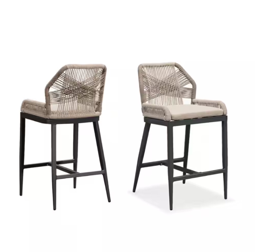 PURPLE LEAF Modern Aluminum Twill Wicker Woven Counter Height Outdoor Bar Stool with Back and Dark Gray Cushion (2-Pack)