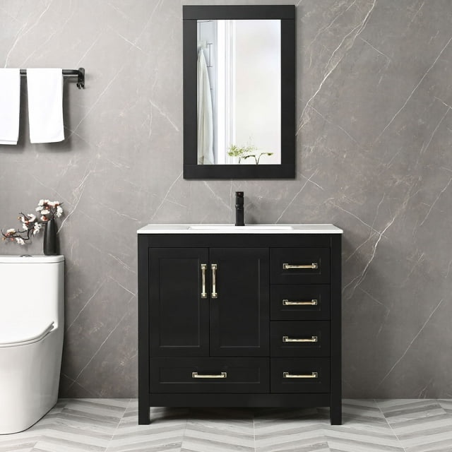 Eclife 36'' Bathroom Vanities Cabinet with Sink Combo Set Drop in Ceramic Sink with Thickened Wood Matte Black Faucet Mirror Black (INCOMPLETE SET, SINK ONLY)