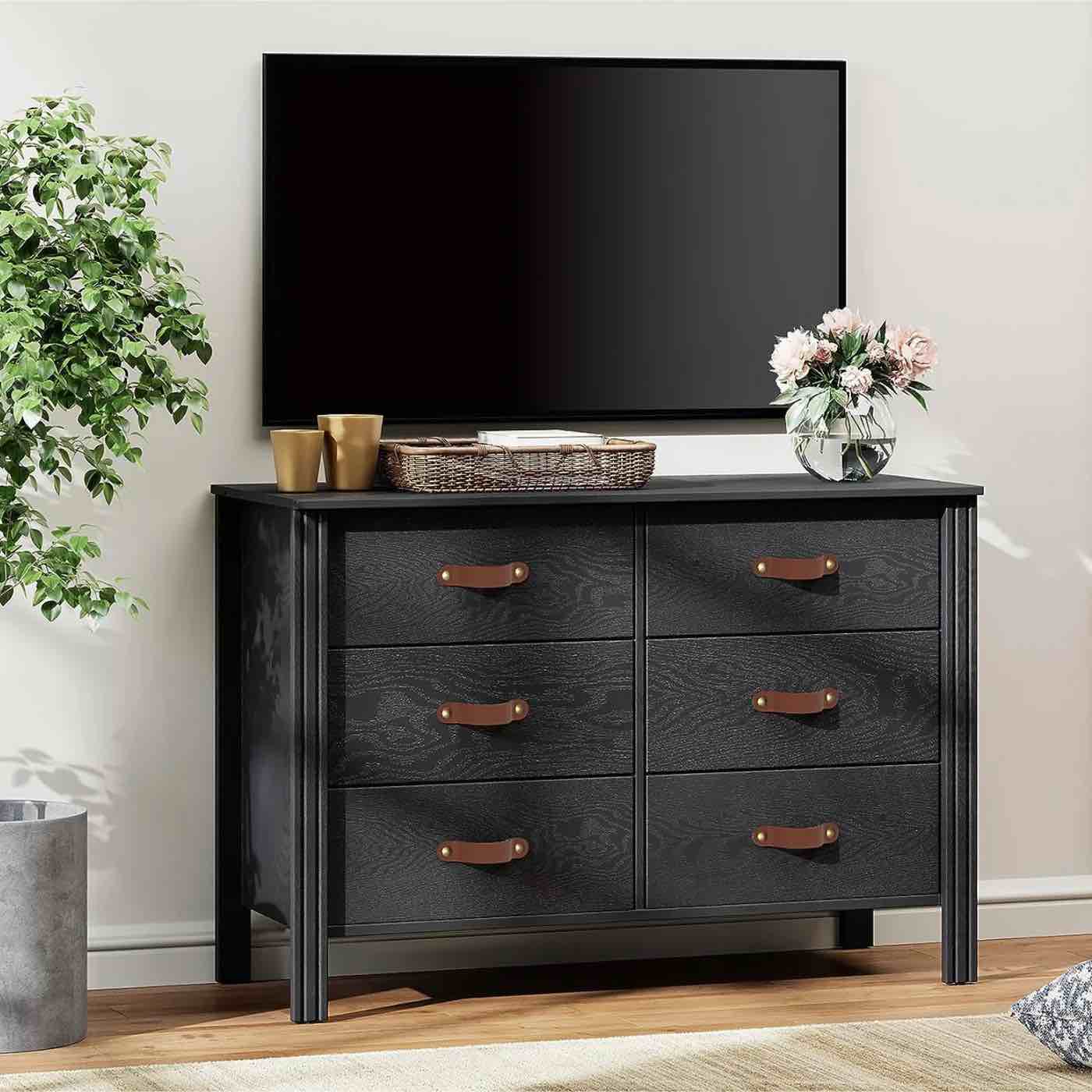 WAMPAT Dresser TV Stand, Wood Entertainment Center with 6 Fabric Drawers