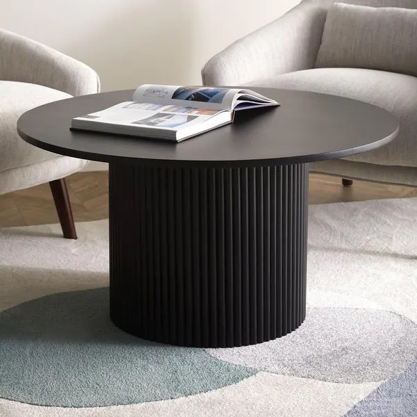 Round Coffee Table with Solid Wood Circle Pedestal End Table - Black (INCOMPLETE SET, MISSING BOX)