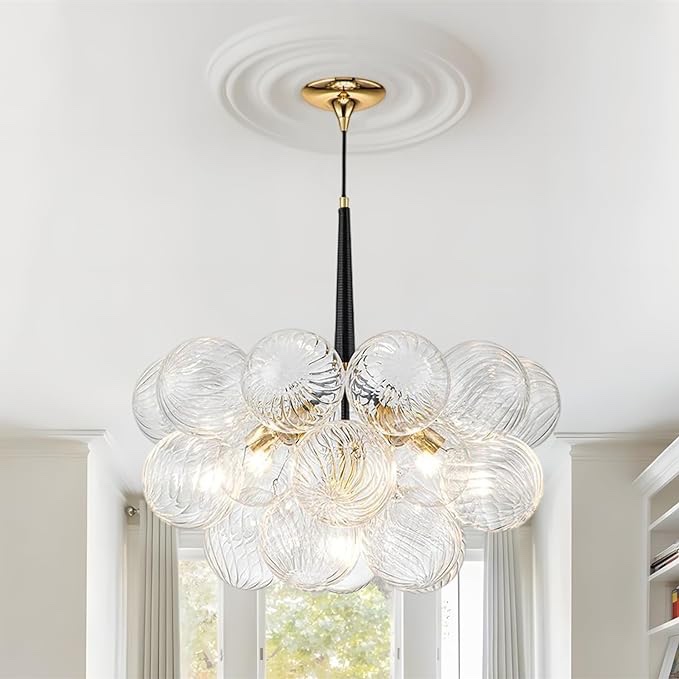 OTTOSON Mid-Century Modern Bubble Ball Chandelier Clear Swirled Glass Chandelier 6-Lights Cluster Globe Pendant Light