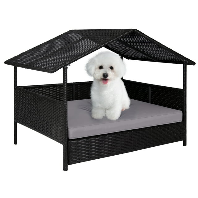 Polar Aurora Wicker Dog Pet House Shade Canopy Rattan Sofa Bed for Indoor/Outdoor with Cushion, Gray