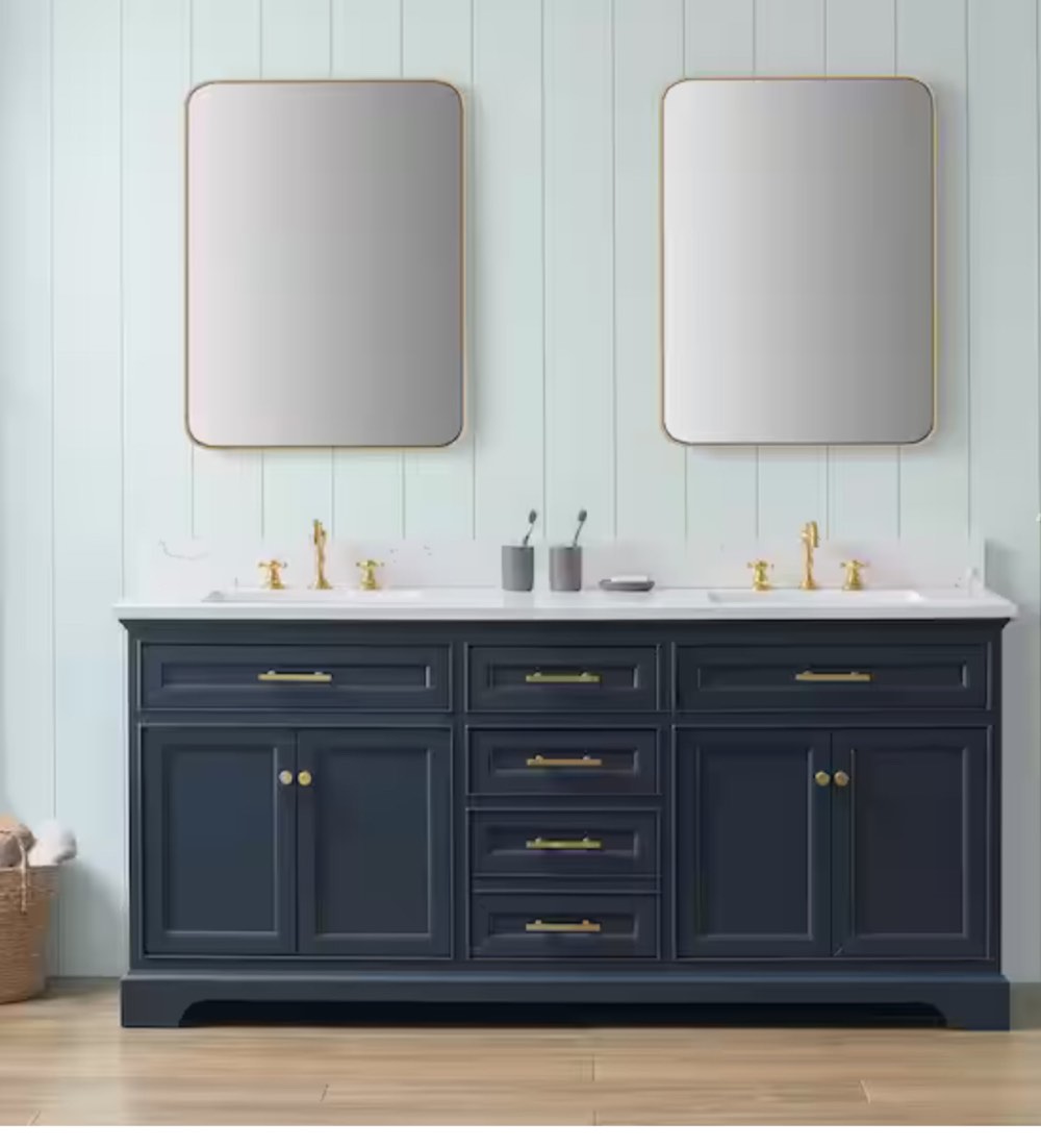 Thompson 72 in. W x 22 in. D Bath Vanity in Indigo Blue with Engineered Stone Top in Carrara White with White Sinks