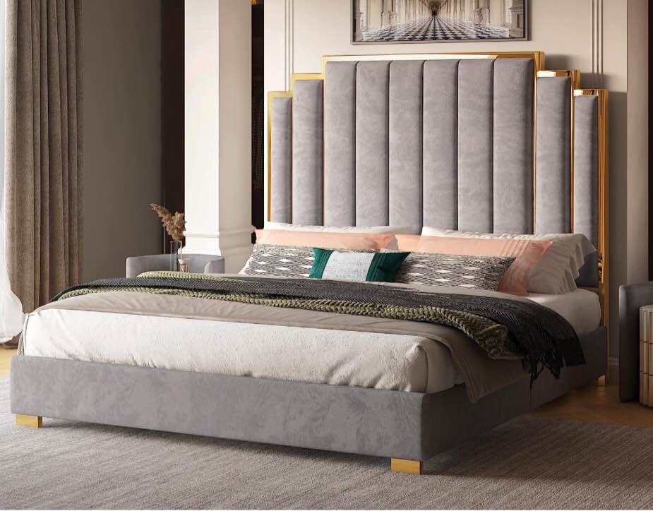Albott King Size Platform Bed Frame, 65" Velvet Upholstered Bed with Gold Trim Headboard/Wooden Slats/No Box Spring Needed/Grey