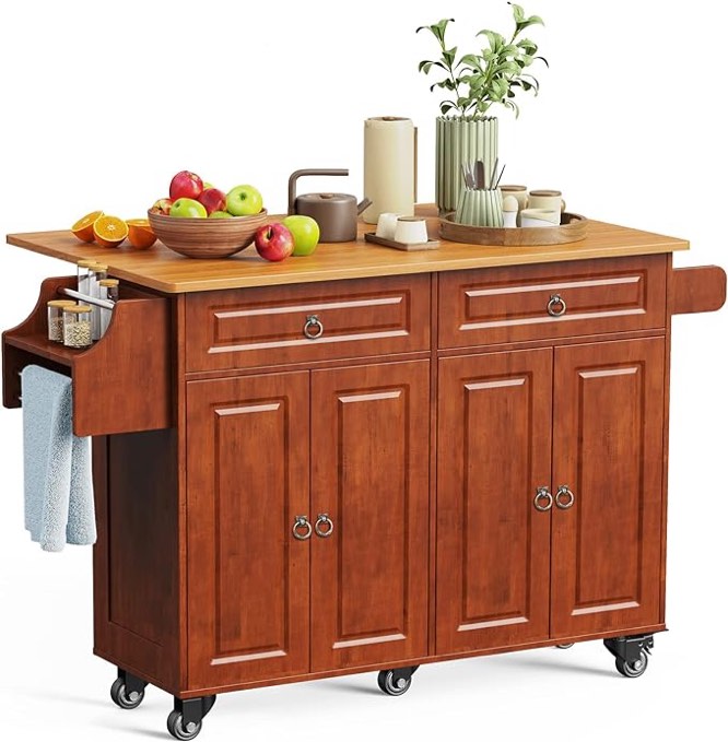 Aiho Kitchen Island Cart with Solid Wood Top, 52’’ Mobile Carts with Storage Cabinet, Rolling Kitchen Table with Towel Rack, Spice Rack, and Drawer, Portable Islands on Wheels, Brown