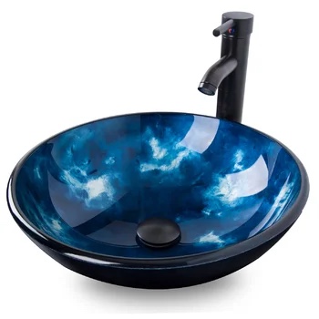 Beyo Tempered Glass Hand Painted Circular Vessel Bathroom Sink with Faucet
