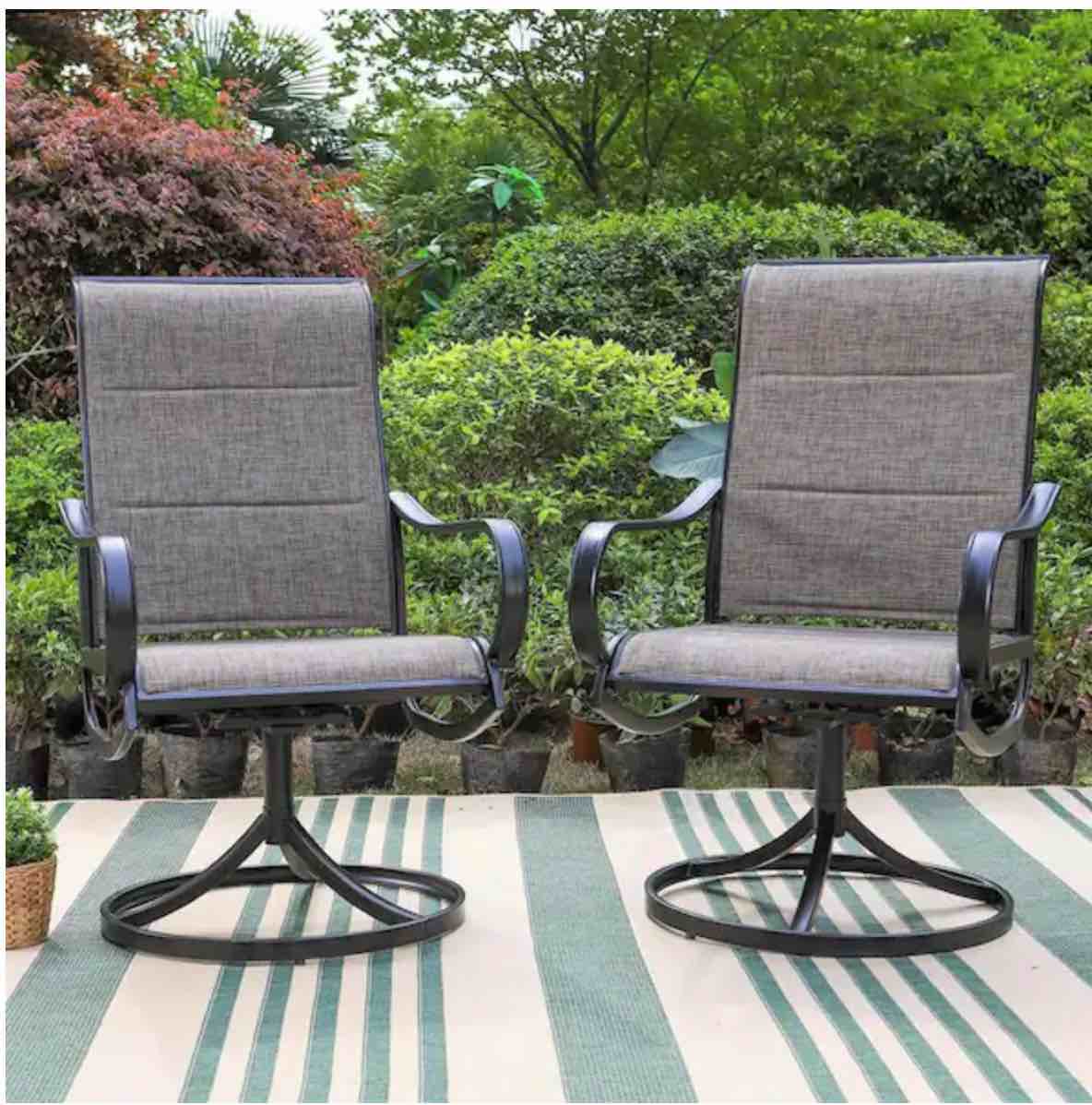 Black Swivel Padded Textilene Metal Outdoor Dining Chair with Curve Arms (2-Pack)