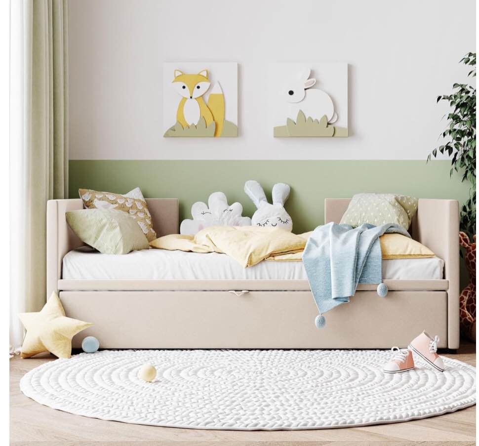 Versatile upholstered Twin Size Bed with Extension Shelf, Solid Wood daybed with Storage Drawers and Velvet Upholstery,Saves Space in The Bedroom (Twin, Beige^)