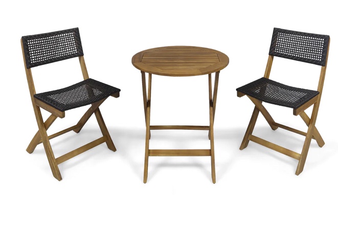 Hillside Outdoor 3 Piece Wood And Wicker Foldable Bistro Set, Teak And Brown