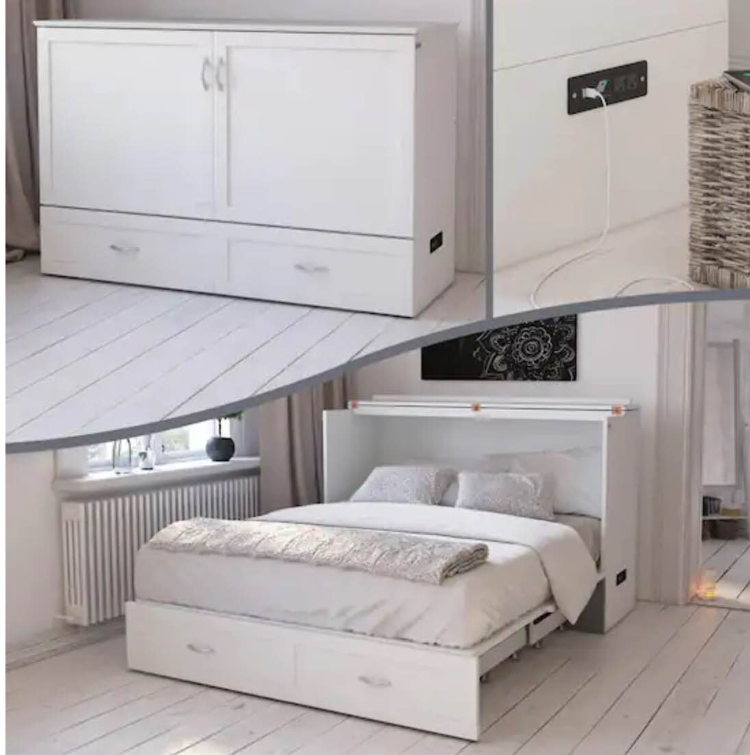 (incomplete) Hamilton Murphy Bed Chest Queen White with Charging Station