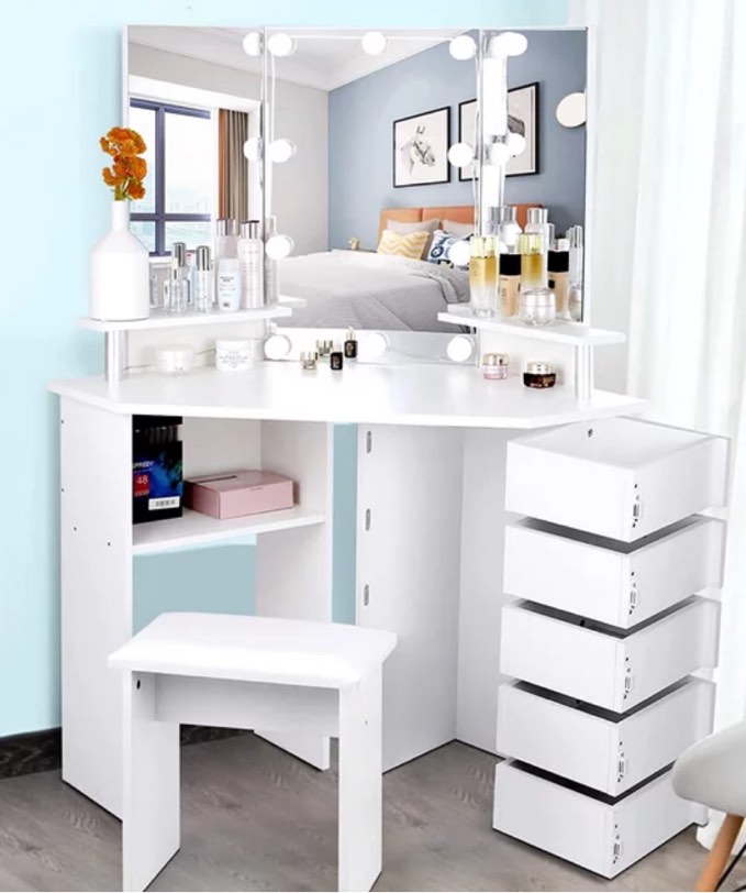 Makeup Vanity Desk with Mirror and Lights Adjustable Brightness 3 Color Modes for Bedroom White(incomplete)