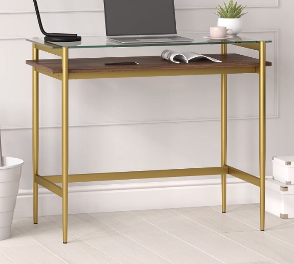 Office desk in gold finish with walnut wood grain shelf (incomplete) 