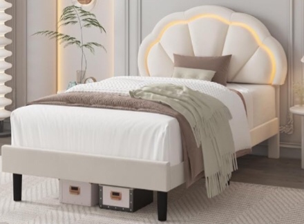 HIFIT Twin Upholstered Smart LED Bed Frame with Adjustable Elegant Flowers Headboard, Platform Bed Frame Twin Size with Wooden Slats Support, No Box Spring Needed, Easy Assembly, Beige