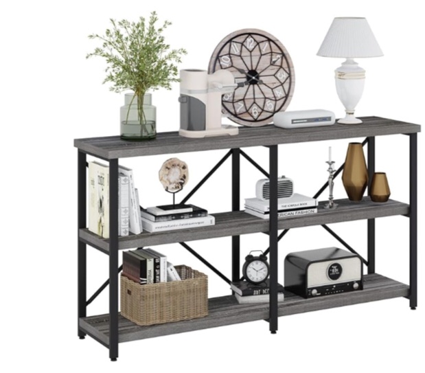 BON AUGURE Rustic Console Table Behind Sofa, Industrial Entryway Table with Storage Shelves, 3 Tier Long Bookshelf for Entry (55 Inch, Dark Grey Oak)