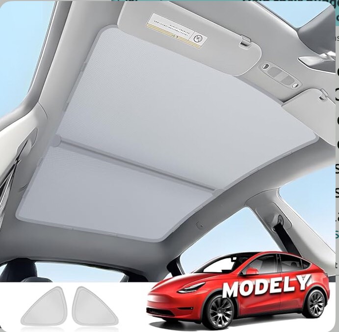 Tesla Model Y Roof Sunshades, 2 in 1 Ice Crystal Sunshade for Tesla Model Y 2021-2023 2024 Tesla Model Y Glass Roof Sunshades with Triangular Sunshades UV/Sun Protection Heat Insulation Non-Sag