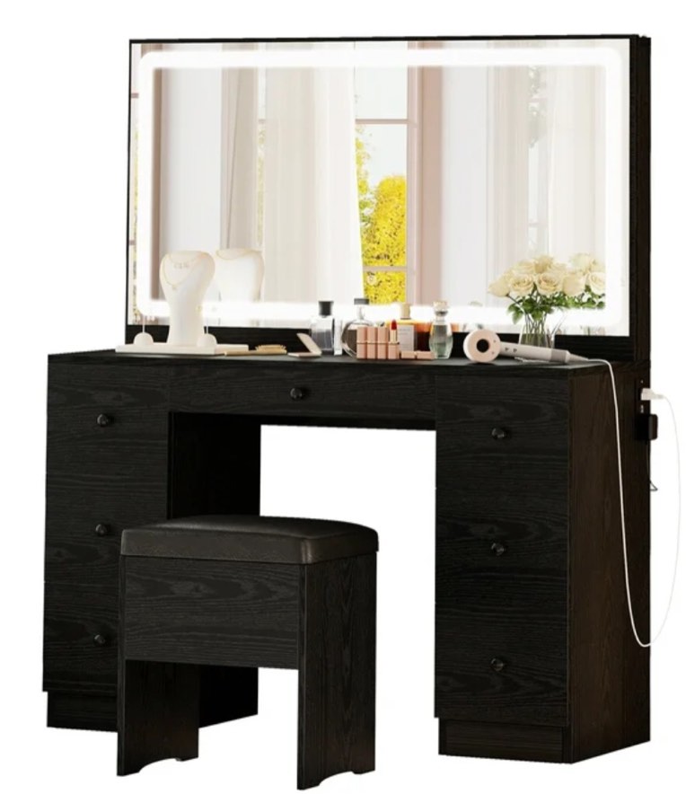 IRONCK Vanity Makeup Desk Set with LED Lighted Mirror & Power Outlet, 7 Drawers Bedroom Vanities Table with Stool, Black