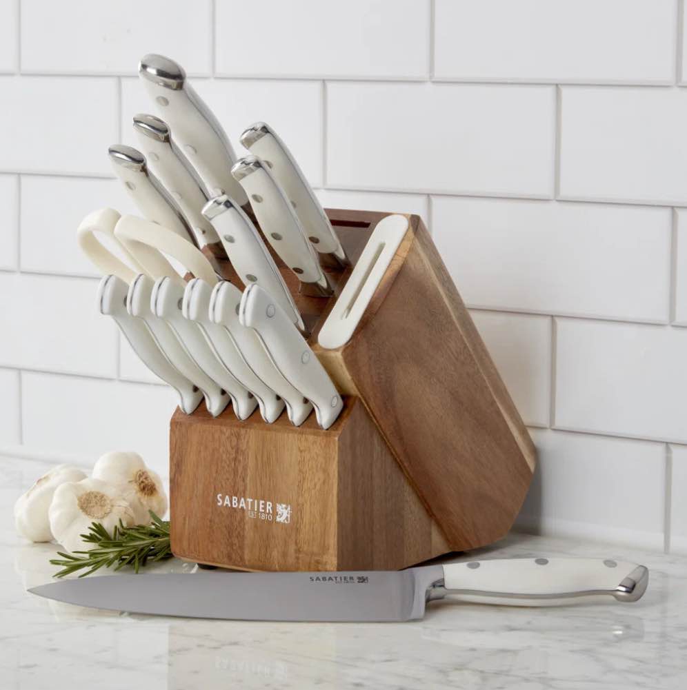 Sabatier Acacia Forged Triple Rivet Edge keeper Knife Block Set, 15-Piece, White