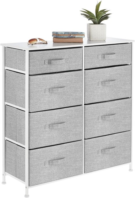 mDesign Storage Dresser Furniture, Tall Chest Tower Organizer for Bedroom, Hallway, Entryway, Kid Room, Nursery and Closet Organization, 8 Fabric Drawer for Clothes, Sturdy Steel Frame - Gray/White