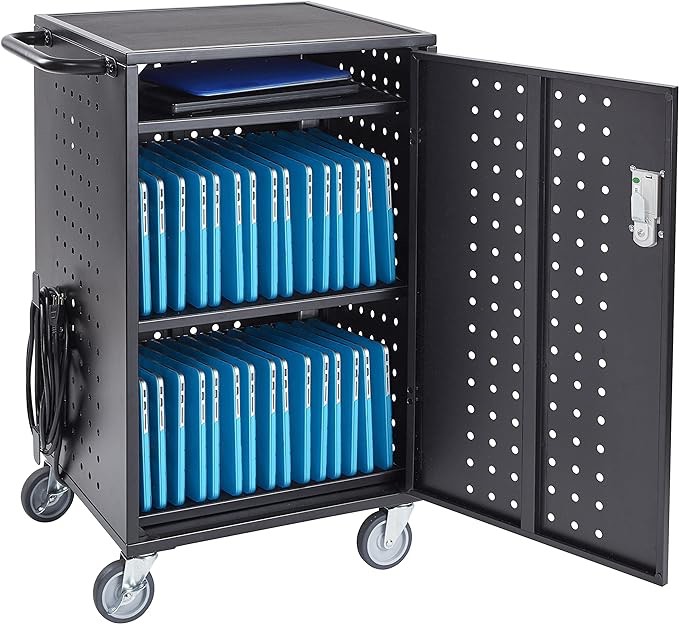 ECR4Kids 30-Bay Locking Laptop and Tablet Charging Station Cart with Keypad Entry, Computer Charging Station Cabinet, Secure Storage, Portable, Assembly Required, Black, INCOMPLETE 