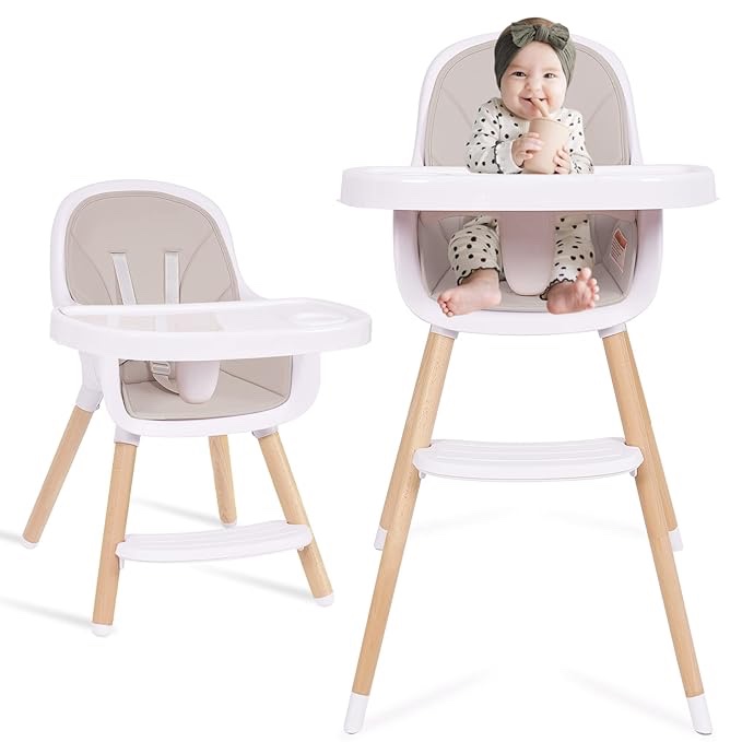Baby High Chair, 3-in-1 Convertible Wooden High Chair with Adjustable Legs & Double Dishwasher Safe Tray, High Chairs for Babies and Toddlers, Made of Sleek Hardwood & Premium Leatherette