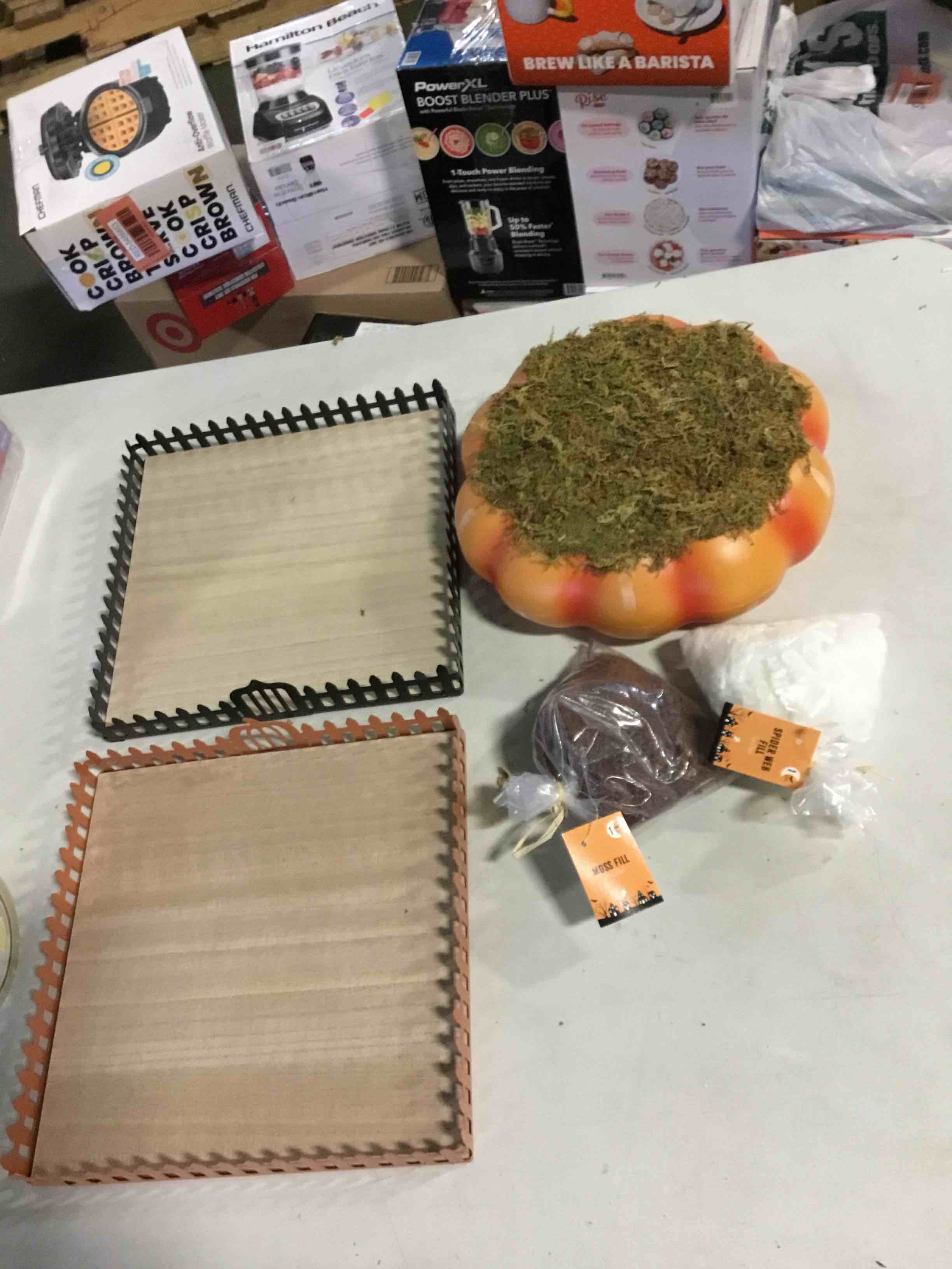 Assorted Items(  metal staging tray platform,moss fill, spider web fill )
