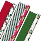 Hallmark Reversible Christmas Wrapping Paper (3 Rolls: 120 sq. ft. ttl) Retro Ornaments, Stripes, Polka Dots, Snowmen, Solid Red and Green