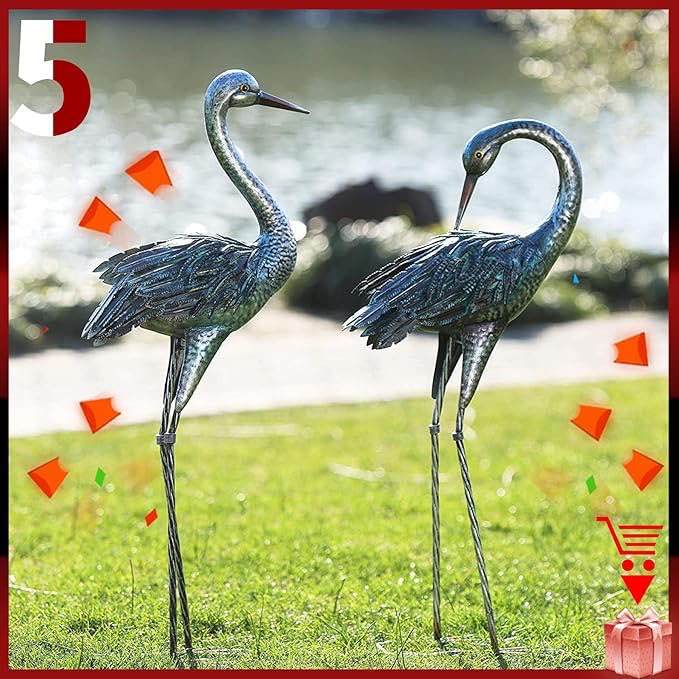 Kicust Garden Crane Statue for Outdoor, Blue Heron Decoy Garden Sculptures and Statues, Metal Bird Yard Art for Lawn Patio Decor, Set of 2