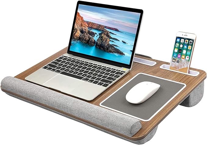 HUANUO Lap Desk - Fits up to 17 inches Laptop Desk, Built in Mouse Pad & Wrist Pad for Notebook, Laptop, Tablet, Laptop Stand with Tablet, Pen & Phone Holder (Wood Grain)