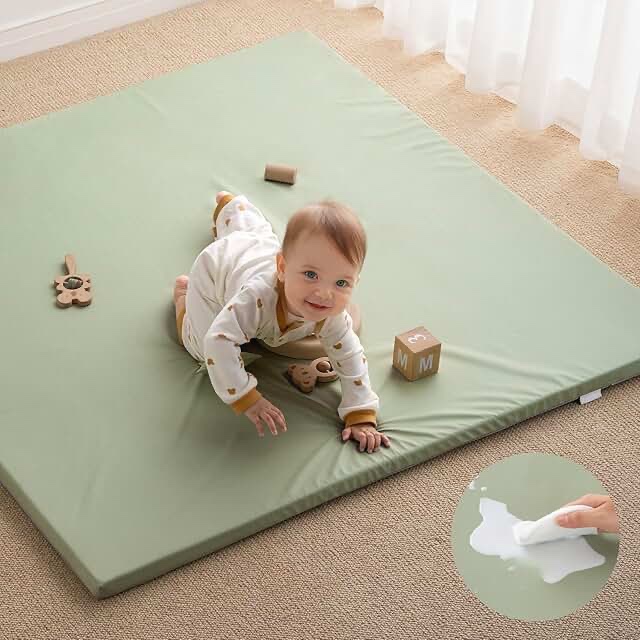Blissful Diary Vegan Leather Baby Play Mat, 47x47 Thicken Foam Cushioned & Waterproof Playpen Mat for Infants and Toddlers, Stylish and Just Wipe-Clean Playmat for Baby Play on Floor, Taupe