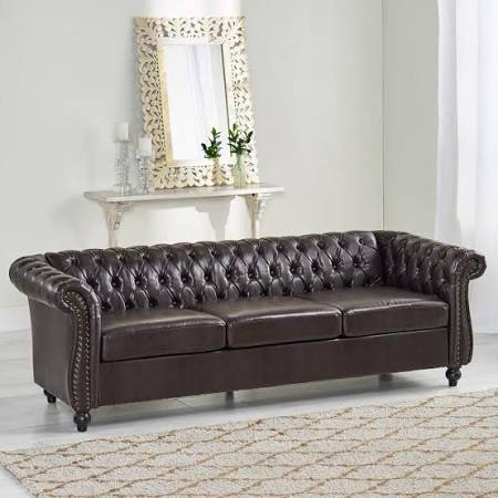 ((INCOMPLETE BOX 2 OF 3 )) Noble House Parksley Tufted Chesterfield Faux Leather 3 Seater Sofa