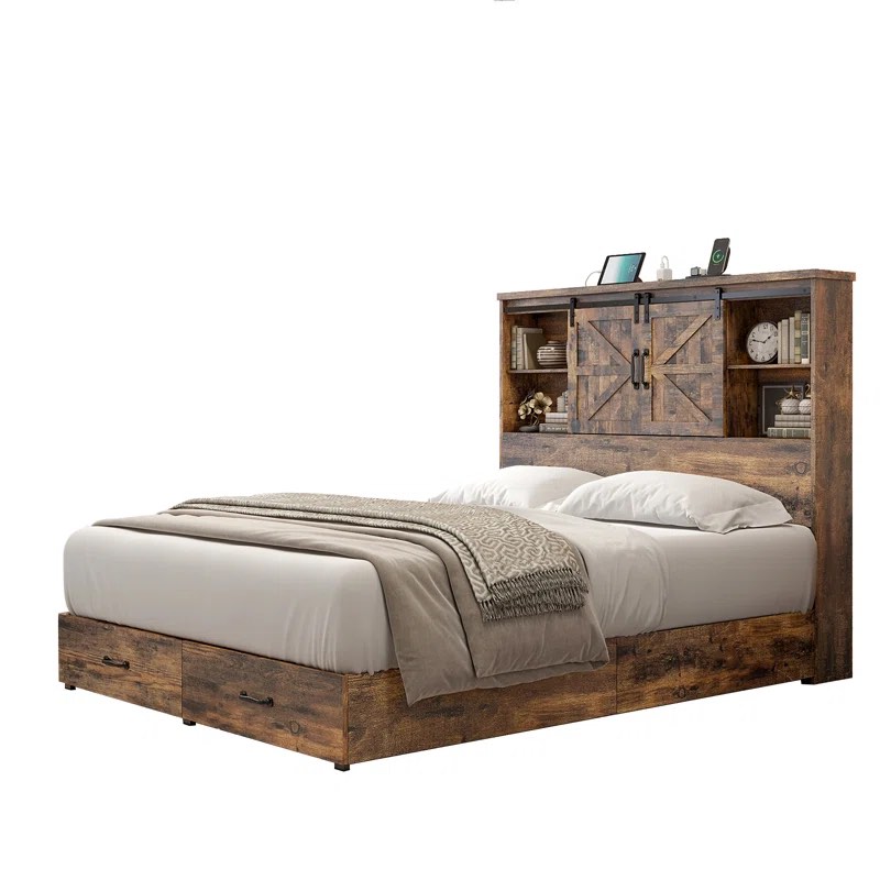 (incomplete) ( box 2 of 2 ) Sherell Wooden Platform Bed Frame with Sliding Barn Door Bookcase Headboard