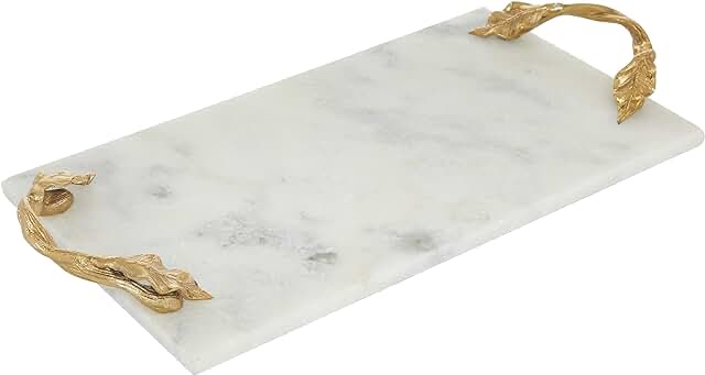 Deco 79 Marble Rectangle Tray with Gold Twisted Leaf Handles, 21" x 10" x 2", White