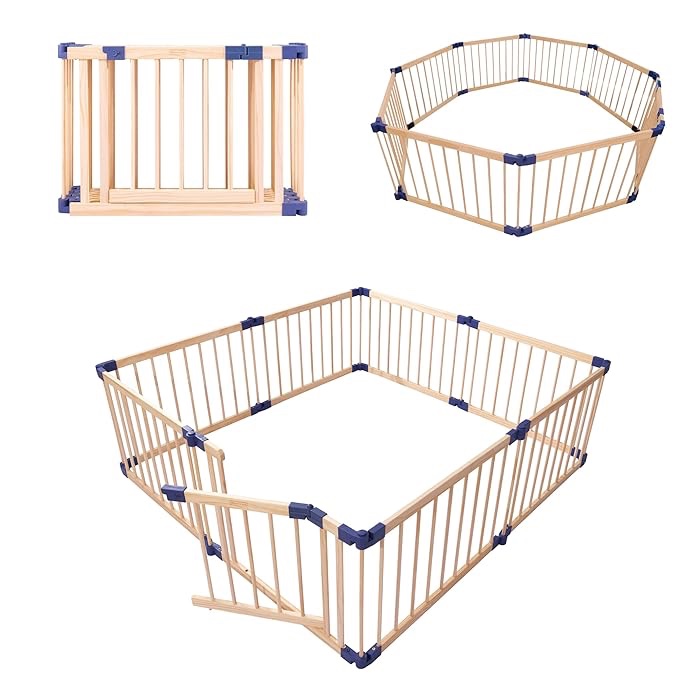 Baby Playpen Foldable 8 Panel,Kids Play Yard,Safety Activity Play Center,Adjustable Shape, Corralitos para Bebes,Baby Gate for Toddler with Door,Wood