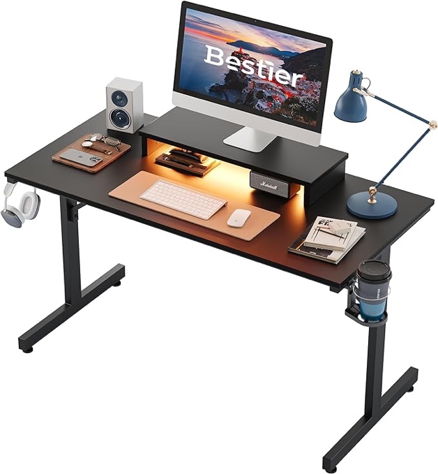 Bestier Small Computer Desk with Monitor Stand, 42 inch LED Office Desk, Study Writing Desk with Cup Holder & Headset Hooks, Modern Simple Style Desk for Home Office & Dorm, Black